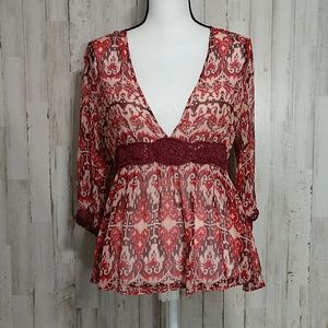 CAbi Silk Printed Crochet Trim V-Neck Top